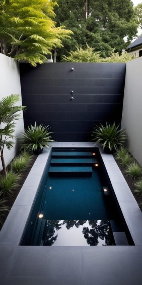 30 Breathtaking Backyard Plunge Pools Redefining Luxury Living - Peak Patio Life Lap Pools Backyard Small Yards Modern, Small Home Pool, Spool Pool Ideas, Backyard Plunge Pool Small Spaces, Small Yard With Plunge Pool, Backyard Cold Plunge Pool, Plunge Pool With Fence, Infinity Edge Plunge Pool, Plunge Pool Ideas Small Spaces