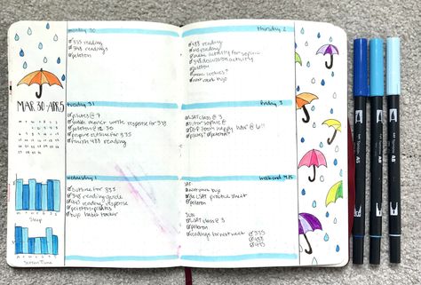 Bujo weekly rain spread umbrellas April Weekly Spread, Bullet Journal Prompts, April Bullet Journal, Creating A Bullet Journal, Bullet Journal Notebook, Planner Scrapbook, Bullet Journal Spread, Bullet Journal Layout, Weekly Spread