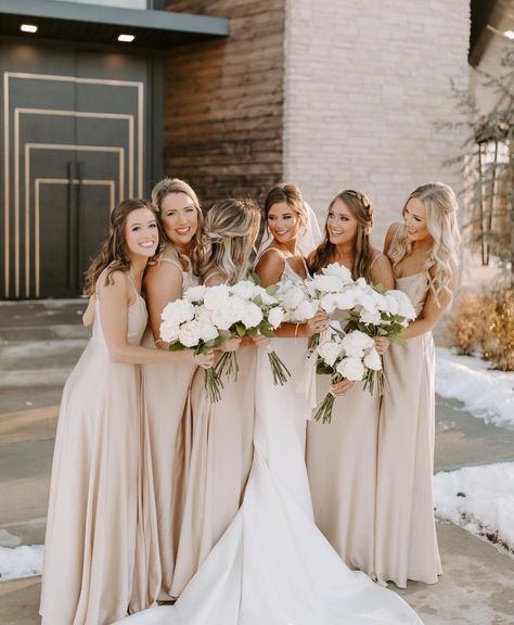 Beige Bridesmaids, Taupe Wedding, Bridesmaid Poses, Taupe Bridesmaid Dresses, Mumu Wedding, Neutral Bridesmaid Dresses, Champagne Bridesmaid, Champagne Bridesmaid Dresses, Beige Wedding