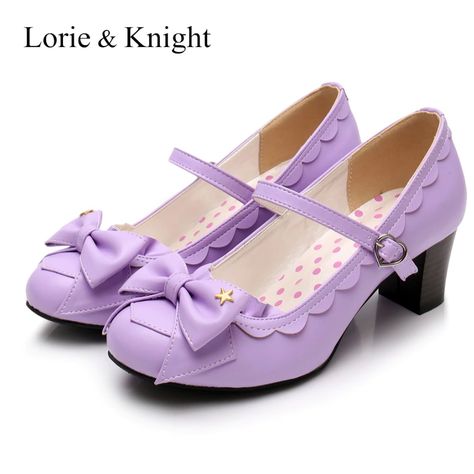 Purple Mary Janes, Thick Heels Pumps, Bow High Heels, Kawaii Shoes, Womens Mary Janes, Womens Pumps, Cosplay Shoes, Cute Heels, Ootd Summer