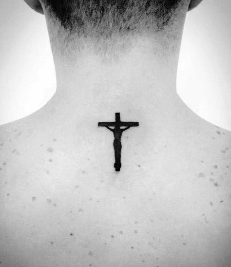 Black Ink Jesus On The Cross Simple Guys Upper Back Tattoo Ideas Crucifix Tattoo, Christus Tattoo, Small Cross Tattoos, Simple Cross Tattoo, Tattoo Son, Tatuagem Masculina Pequena, Upper Back Tattoos, Cross Tattoo For Men, Cross Tattoo Designs