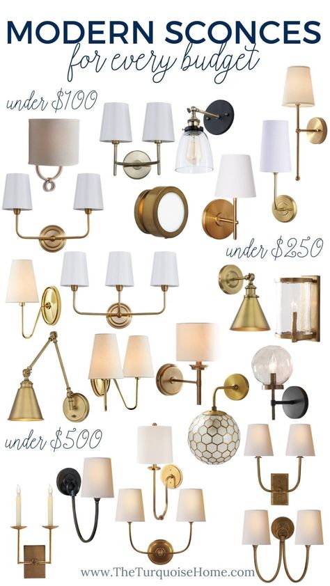 Modern Wall Sconces for Every Budget - The Turquoise Home Bathroom 3 Light Fixtures Over Mirror, Kitchens With Wall Sconces, Off Center Bathroom Sink, Stair Sconces, Living Room Wall Sconces, Farmhouse Style Lighting, Cabinet Diy, Sconces Living Room, Contemporary Wall Sconces