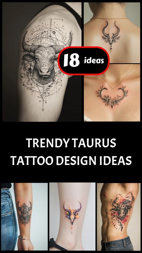 Collage of Taurus tattoo designs, including a bull's head on an arm and decorative horns on the back and forearm. Taurus Inspired Tattoos, Taurus Back Tattoo, Taurus Bull Tattoos Design, Unique Taurus Tattoo Ideas, Taurus Tattoo Design, Taurus Tattoo Ideas, Taurus Tattoo Designs, Tattoo Taurus, Taurus Symbol Tattoo