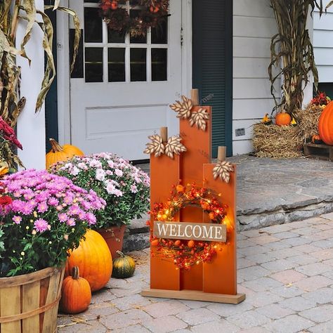 Glitzhome® 30" Fall Lighted Pumpkin & Wreath Décor | Michaels Fall Pallet Signs, Lighted Wreath, Fall Pallets, Fall Wood Crafts, Porch Pumpkins, Fall Wood Signs, Pumpkin Display, Fall Stuff, Wooden Pumpkins