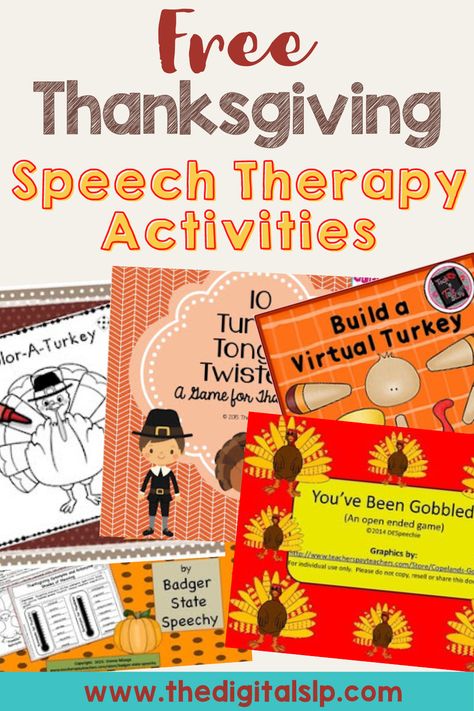 Looking for fun speech therapy activities this Thanksgiving? I've rounded up five Thanksgiving speech therapy freebies. It features fun Thanksgiving speech therapy games and language activities you can enjoy with your students. | The Digital SLP Thanksgiving Speech And Language Activities, Virtual Speech Therapy Activities, November Speech And Language Activities, Turkey Speech Therapy Activities, Thanksgiving Articulation Activities, Speech Thanksgiving Activities, Slp Thanksgiving Activities, Thanksgiving Slp Activities, November Speech Therapy Activities