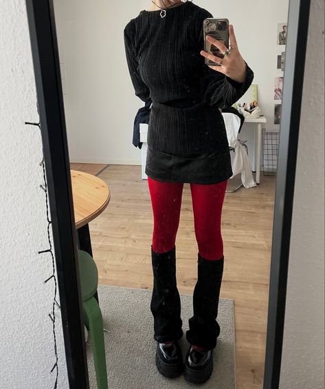 Red Leg Warmers Outfit, Leg Warmers Outfit With Pants, Red Tights Aesthetic, Red Leg Warmers, Leg Warmer Outfit, Warmers Outfit, Pleats Top, Leg Warmers Outfit, Red Tights