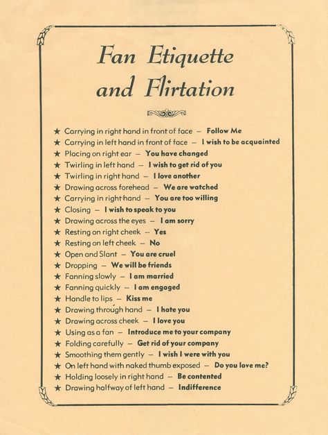 Hand Fan Signals, Hand Fan Language, Fan Language Victorian, The Language Of The Fan, Language Of The Fan, Fan Signals, Victorian Hobbies, Fan Etiquette, Victorian Etiquette