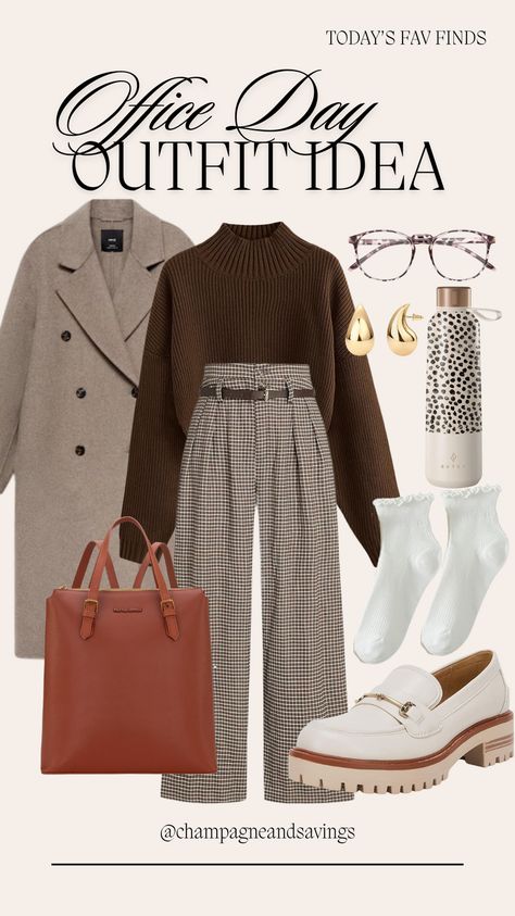 How to style loafers with this cute business outfit idea for women. If you need some winter or fall workwear outfit inspo then this business casual monochrome look is it! Love these wide leg plaid trousers paired with this versatile wool winter coat. This leather work bag is also affordable and an Amazon find! Brown Lug Sole Loafers For Business Casual, Business Casual Wool Wide Leg Pants With Belt Loops, Casual Platform Loafers With Lug Sole For Business Casual, Chic Loafers With Lug Sole For Work, Business Casual Loafers With Lug Sole, Plaid Trousers Outfit, How To Style Loafers, Fashion Work Outfit, Leather Work Bag