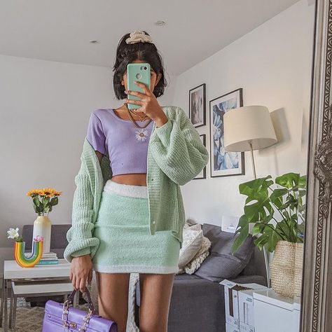 so into this colour combo 💜❄ hope you’re all having a nice break 🌤 outfit by @fortunateonestore & u can use code RUBIXO for a lil discount (AD) #Regram via @www.instagram.com/p/CJbWtSflTmi/ Green And Purple Outfit, Mint Green Skirts, Teenage Clothes, Green Color Combinations, Aesthetic Sweaters, Summer Palette, Outfit 2023, Dopamine Dressing, Color Combinations For Clothes