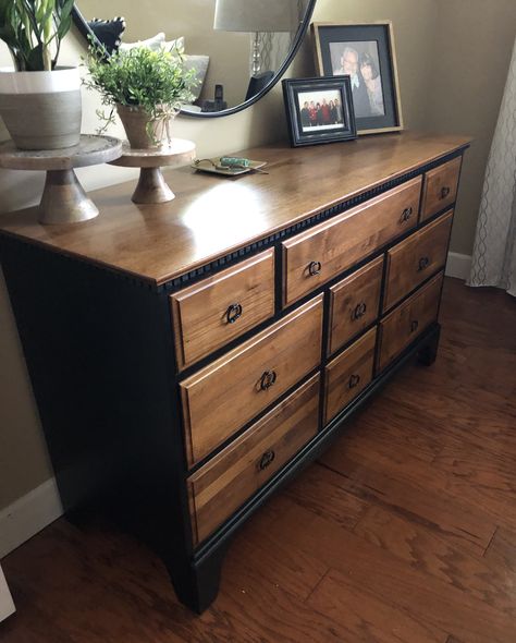 Refurbished Black Dresser, Dresser Makeover Black And Wood, Flipped Dresser Ideas, Redo Dresser Ideas Black, Ikea Hemnes Dresser Black Brown, Dresser Flip Black And Wood, Diy Dressers, Diy Furniture Upgrade, Refurbish Ideas