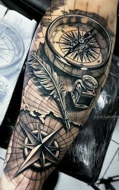 Voll Arm-tattoos, Nautical Tattoo Sleeve, Pirate Tattoo, Compass Tattoo Design, Map Tattoos, Explore Tattoo, Forarm Tattoos, Cool Arm Tattoos, Forearm Sleeve Tattoos