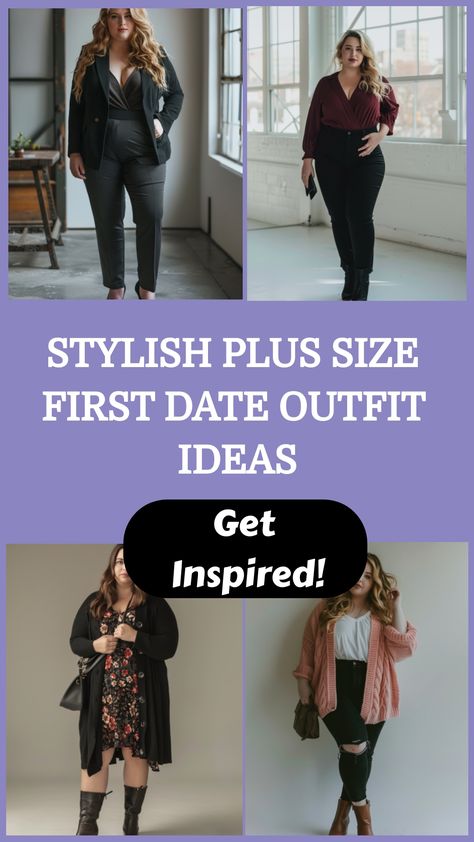 Four stylish plus-size first date outfits featuring different clothing combinations and settings. Plus Size Couples Outfits, Plus Size Casual Club Outfits, First Date Outfit 30s, Nice Dinner Outfits Plus Size, Plus Size Day Date Outfit, Dressy Casual Plus Size Outfits, Size 16 Women Outfits Casual, Date Night Plus Size Outfit, Dressy Outfits Plus Size