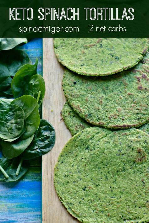 Delicious Spinach Grain Free Tortilla, keto friendly at 3 net carbs. Made with almond flour, coconut flour, egg and fresh spinach. PLIABLE. Use tortilla press and griddle and make your own low carb, keto, Gluten Free tortillas at home. #paleotortillas #glutenfreetortillas #ketotortilla #spinachtiger via @angelaroberts Spinach Tortillas, Keto Spinach, Desayuno Keto, Spinach Tortilla, Keto Tortillas, Gluten Free Tortillas, Low Carb Low Fat Recipes, Tortilla Press, Boiled Egg Diet Plan