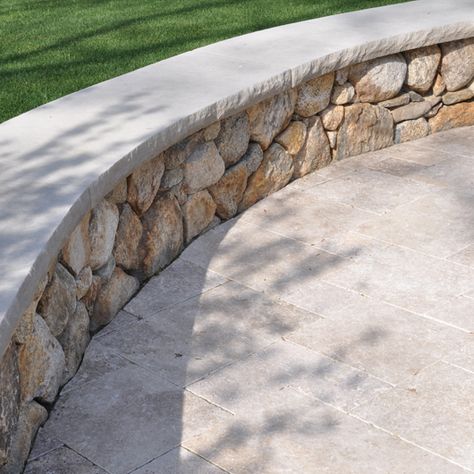 Stone walls Retaining Walls Scituate Sandwich, MA Stone Wall Backyard, Retaining Wall With Seating, Modern Retaining Wall, Hosta Garden Ideas, Retention Wall, Field Stone Wall, Retaining Wall Construction, Seating Wall, Pantry Door Ideas