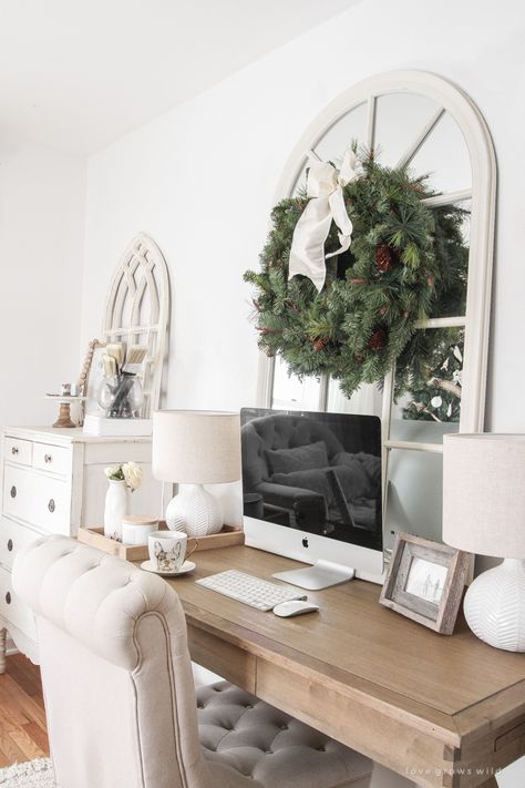 Step inside Indiana home and lifestyle blogger Liz Fourez's charming 1940's farmhouse for simple and inspiring Christmas decorating ideas 1940s Farmhouse, Tufted Desk Chair, Ideas House Design, Workspace Ideas, Bamboo Roman Shades, Handmade Sheet, Affordable Sofa, Sitting Chair, Christmas Decorating Ideas