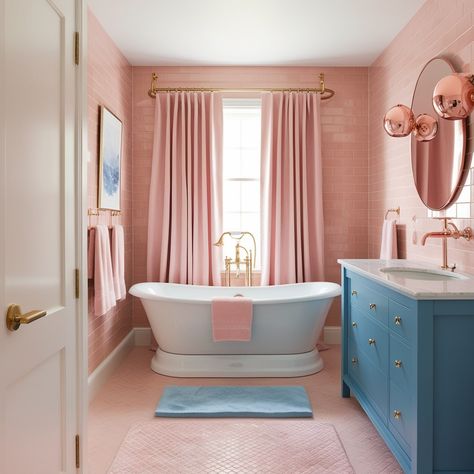 19 Stunning Pink and Blue Bathroom Ideas to Brighten and Transform Your Space - Style Zuri Pink And Blue Bathroom, Blush Pink Bathroom, Pink Bathroom Vintage, Blue Bathroom Ideas, Soft Blue Walls, Vibrant Bathroom, Colorful Bathrooms, Blue Mosaic Tile, White Tub