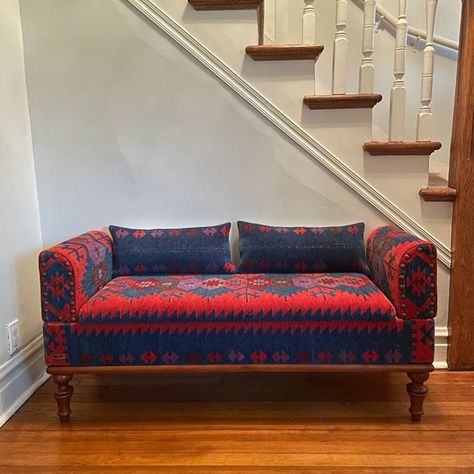 Bench With Storage Bedroom, Entry Chair, Entrance Hall Decor, Kilim Bench, Modern Bohemian Decor, Storage Bedroom, Hallway Design, Soft Flooring, Tufted Ottoman