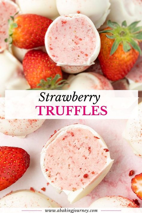 These White Chocolate Strawberry Truffles are super easy to make with 3 ingredients only. The perfect sweet treat for a special occasion like Valentine's Day! Chocolatier Recipes, Strawberry Truffles, Strawberry Truffle, Truffle Recipes, Cookie Balls, Chocolate Ganache Filling, Ladies Brunch, Vegan White Chocolate, White Chocolate Strawberries