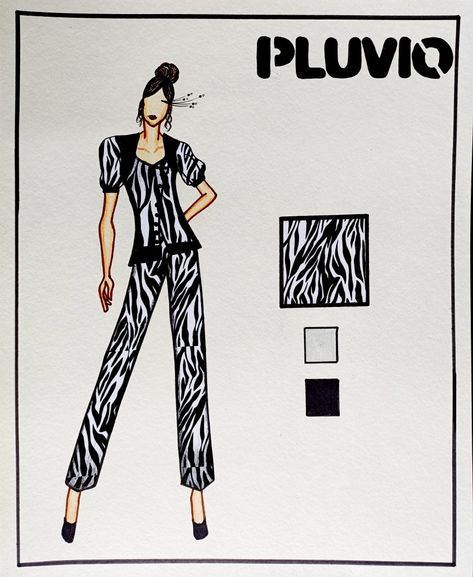 Fashion illustration using patterned paper. Animal Print Outfits Illustration, Zebra Pattern Outfit, Zebra Line Drawing, Zebra Print Fashion Illustration, Zebra Dress H&m, Zebra Dress, Dress Drawing, Fashion Portfolio, Summer Dress Outfits