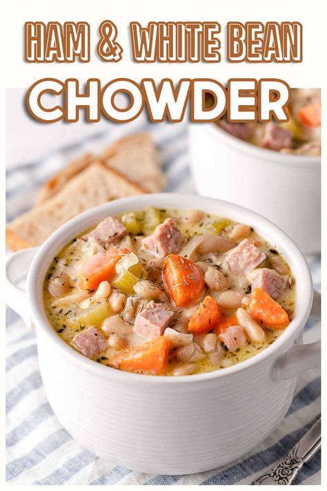 This Ham and White Bean Chowder is the perfect recipe to use up leftover ham. The salty ham enhances the subtle flavor of the white beans, and cream gives a silky smooth finish to the broth. Even better – this recipe only takes thirty minutes to pull together! Bean Chowder, Leftover Easter Ham, Ham Chowder, Easter Ham, Light Soups, Leftover Ham Recipes, Soup Base, Ham Soup, Chowder Recipe