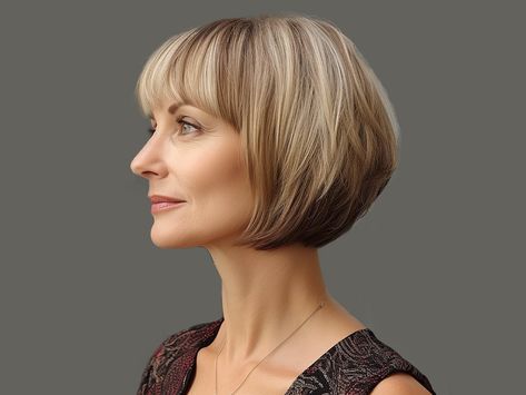 A bob with fringe that has gradation, is a simple and stylish hairstyle you have to try once! Short Graduated Bob With Fringe, Bob With A Fringe, Graduated Bob Haircuts With Bangs, Grey Bob With Fringe, Graduated Bob With Bangs, Graduated Bob With Fringe, Bob With Heavy Fringe, Short Graduated Bob, Short Bob With Fringe