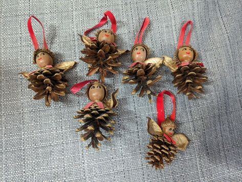 LOT VINTAGE PINECONE ACORN NUT RIBBON ANGEL CHRISTMAS TREE ORNAMENT HAND MADE | eBay Pinecone Mushroom Ornament, Christmas Ornaments Decoupage, Christmas Pinecones Decorations, Bed Springs Repurposed, Bead Wreath Ornament, Pine Cone Ornaments Christmas, Diy Pinecone Ornaments, Christmas Pinecone Crafts, Pinecone People