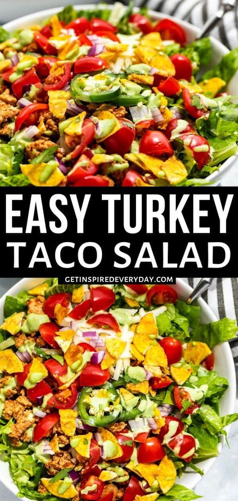 Easy to make and packed with protein and veggies, this Turkey Taco Salad is a meal the whole family will love. It's gluten-free and can be dairy-free and paleo as well. Crunchy romaine is topped with juicy tomatoes, fresh cilantro, and onion and it all comes together with lean turkey taco meat and a creamy cilantro dressing. From there we'll add some crunchy plantain or corn chips plus some extra goodies that take this salad right over the top. Creamy Cilantro Dressing, Turkey Taco Salad, Paleo Salad Recipes, Turkey Taco, Cilantro Dressing, Taco Salads, Paleo Salads, Turkey Tacos, Salad Meal Prep