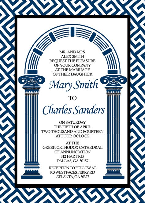 This Invitation was created for a Greek Wedding! Greek Brunch, Greek Invitation, Second Wedding Invitations, Wedding Invitation Wording Formal, Percy Jackson Party, Wedding Reveal, Greek Antiquity, Invitation Etiquette, Mediterranean Aesthetic