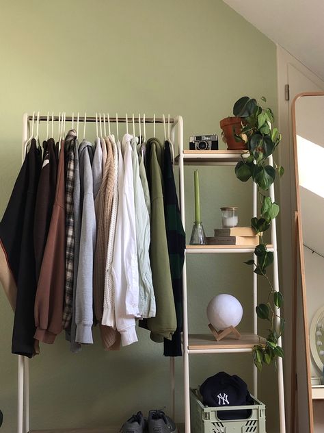 Small Room With Clothing Rack, Clothing Rack Decor, Clothes Storage Bedroom, Cloth Rack Aesthetic, Clothing Rack With Shelves, Hanging Clothes Racks Aesthetic, Aesthetic Clothes Rack, Clothing Rack Ideas Bedroom, Closet Ideas Aesthetic