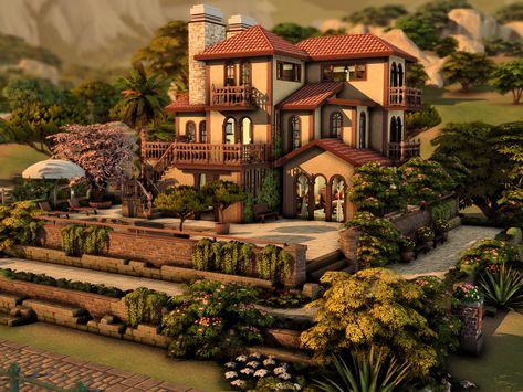 Sims 4 Mediterranean Mansion, Sims 4 Medditeranean House, Sims Mediterranean House, Sims 4 Italy Cc, Italian House Sims 4, Sims 4 Italian Villa, Sims 4 Italy, Sims 4 Tuscan Cc, Tartosa Homes Sims 4