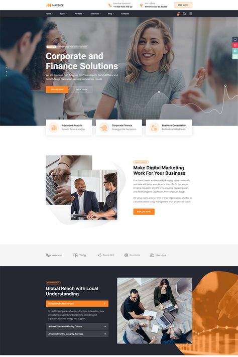 The Maxbizz theme is a WordPress theme designed for consulting and financial websites. Built with the Elementor page builder, it offers a range of features and customization options to help you create a professional and modern website for your consulting or financial business. Finance Website Design Inspiration, Financial Website Design, Investment Website Design, Website Home Page Design, Consulting Website Design, Business Consulting Website, Minimalist Website Design, About Website Design, Events Website