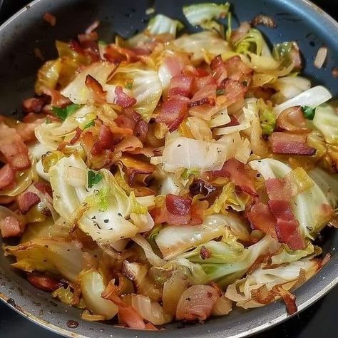 Mama's Old Recipes | WOULD ANYONE EAT THIS FRIED CABBAGE (WITH BACON, ONION, AND GARLIC) 😋😋 | Facebook Bacon And Cabbage, Fried Cabbage With Bacon, Slow Cooker Cabbage, Cabbage With Bacon, Fried Cabbage Recipes, Southern Fried Cabbage, Bacon Fried Cabbage, Zucchini Sticks, Sauteed Cabbage