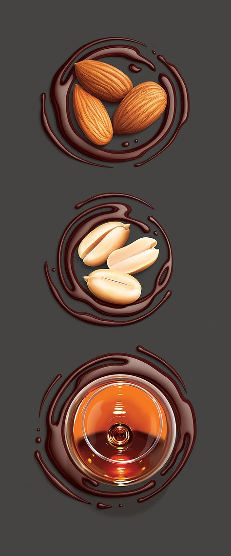 Illustration of almonds, peanuts and rum with chocolate on Behance Chocolate Illustration Design, Almond Illustration Design, Chocolate Logo Design Creative, Chocolate Illustration Graphics, Chocolate Poster Design Ideas, Almond Illustration, Peanut Illustration, Chocolate Ads, Chocolate Poster