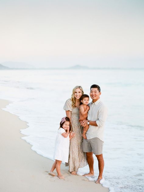 Family of four. Family photo session at Kailua Beach Park on Oahu by Hawaii based film photographer, Laura Ivanova Family Beach Pictures Family Of 4, Family Pictures Beach Poses, Simple Beach Family Photos, Family 4 Beach Pictures, White Beach Family Photos, Neutral Family Beach Pictures, Family Pics Beach, Family Of Four Beach Photos, Family Photo On The Beach