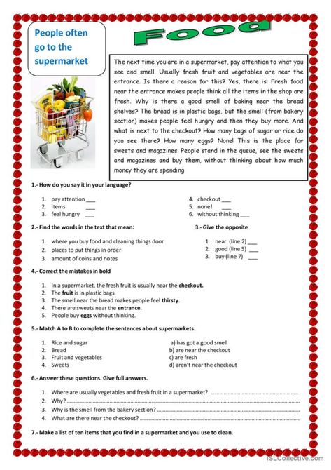 Esl Reading, Vocabulary Exercises, Food Vocabulary, Reading For Beginners, Language Goals, Fresh Kitchen, Kitchen Images, Vocabulary Worksheets, Reading Worksheets