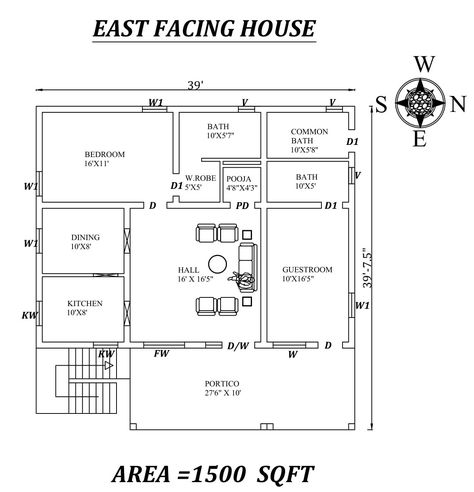 Autocad Drawing file shows 39'x39' Amazing 2bhk East facing House Plan As Per Vastu Shastra. The total buildup area of this house is 1500 sqft. The kitchen is in the Southeast direction. Dining near the kitchen is in the south direction. The living area is available in the east direction. Puja room placed in the west direction. The master bedroom available in the southwest direction with the attached toilet is in the west direction. The guest bedroom is in the northeast direction with the attach Vastu Plan, East Facing House Plan, 40x60 House Plans, 800 Sq Ft House, House Vastu, 20x30 House Plans, 1500 Sq Ft House, West Facing House, 30x40 House Plans