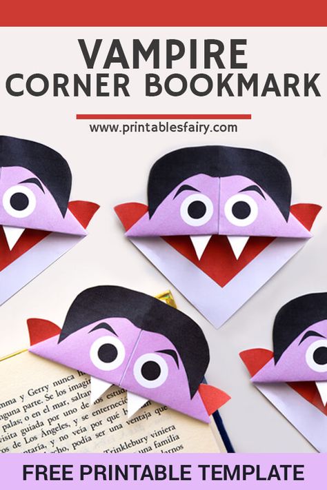 Vampire corner bookmark: easy Halloween paper craft for kids. #diybookmarks #halloweencraftsforkids Halloween Origami, Halloween Kunst, Halloween Paper Crafts, Corner Bookmark, Fun Halloween Crafts, Halloween Arts And Crafts, Folding Origami, Easy Halloween Crafts, Halloween Activities For Kids