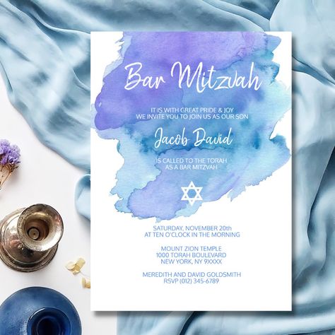 Modern Blue Watercolor Star of David BAR MITZVAH Invitation - Bar Mitzvah Gifts Light Watercolor, Script Letters, The Torah, Bar Mitzvah Invitations, Watercolor Blue, Modern Blue, Script Lettering, Torah, Star Of David