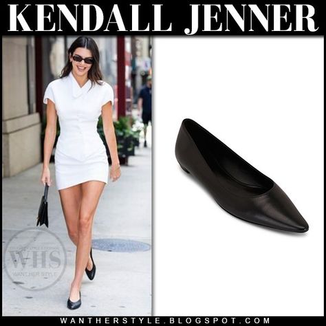 Kendall Jenner in white mini dress and black ballet flats the row claudette Kendall Jenner Ballet Flats, Kendall Jenner Ballet, Blue Leather Skirt, Black Pointed Toe Flats, Black Knee Boots, Black Leather Mini Skirt, Black Ballet, White Mini Skirt, Kate Bosworth