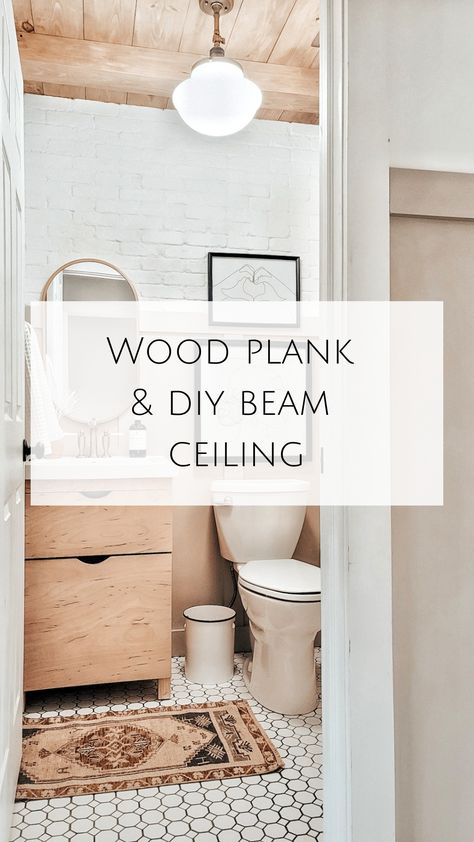 Planked Powder Room Ceiling with beams | Showit Blog Bathroom Beams Ceiling, Wood Ceiling Powder Room, Wood Beam Ceiling Bathroom, Wood Panel Bathroom Ceiling, Beams In Bathroom Ceiling, Bathroom Plank Ceiling, Planked Bathroom Ceiling, Faux Wood Plank Ceiling, Bathroom Cedar Ceiling