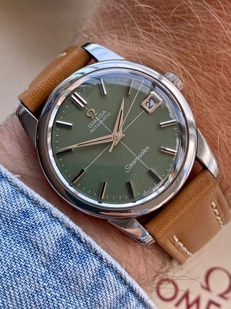 Omega Automatic Seamaster Olive Green Dial St Vintage Dress Watches For Men, Green Dial Watch Men, Men’s Watch, Omega Watch Mens, Green Watch Men, Green Dial Watch, Omega Watch Vintage, Omega Automatic, Stylish Watches Men