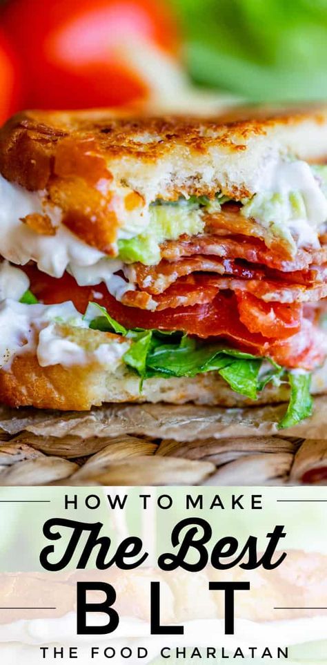 a BLT sandwich with a bite taken out, with bacon, lettuce, tomato, avocado, and white bread! Best Blt Sandwich, Best Blt, Low Carb Sandwich, Best Sandwich Recipes, Healthy Sandwich Recipes, The Food Charlatan, Cold Sandwiches, Bacon Sandwich, Blt Sandwich