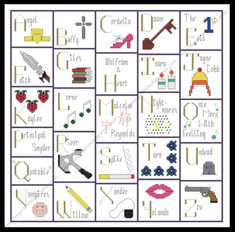 Whedon's Alphabet Buffy Angel, S Alphabet, Joss Whedon, Buffy The Vampire, Buffy The Vampire Slayer, Vampire Slayer, Firefly, Cross Stitch Pattern, Le Point