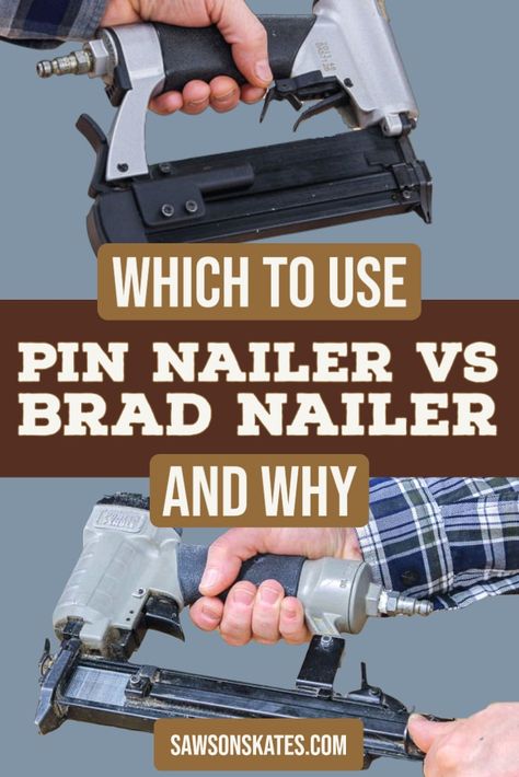 Pin nailers and brad nailers look like similar tools, but they have a few key differences. I'll explain the differences so you can choose the best one for your project. Brad Nailer Projects Diy, Tool Shop Organization, Brad Nailer, Summer Pins, Brad Nails, Nail Pictures, Wood Working Gifts, Woodworking Tips, Wood Shop