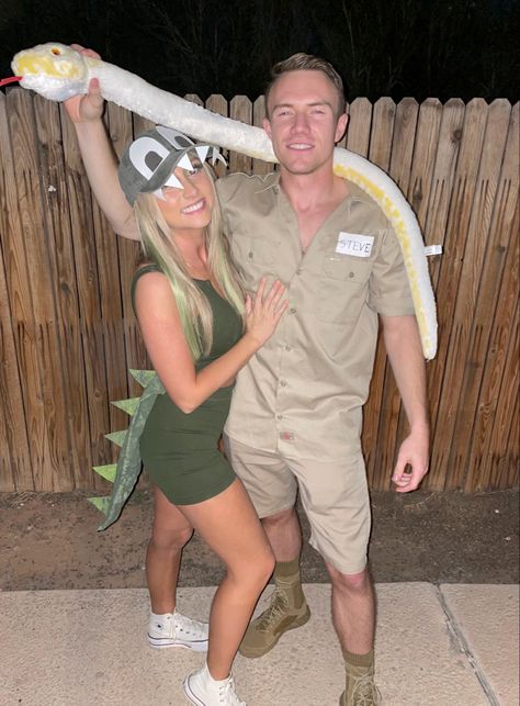 Steve Irwin And Crocodile Couple Costume, Crocodile Dress Up, Woman Dinosaur Costume, Women Dinosaur Costume, Steve Irwin Costume Couple, Steve Irwin Halloween Costume, Golf Couple Halloween Costumes, Crocodile Hunter Couple Costume, Crocodile Halloween Costume