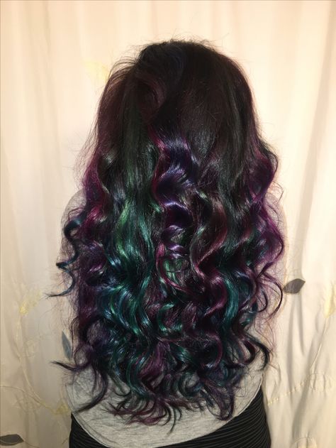 Oil Slick Hair Peacock Hair Arctic Fox Hair Color Long Hair Bold Colors Jewel Tones DIY Jewel Tone Highlights, Jewel Toned Hair Color, Oil Slick Hair Color Blonde, Jewel Tone Hair Color, Peek A Boo Hair Color Ideas, Jewel Tone Hair, Oil Spill Hair, Peacock Hair Color, Oil Slick Hair Color