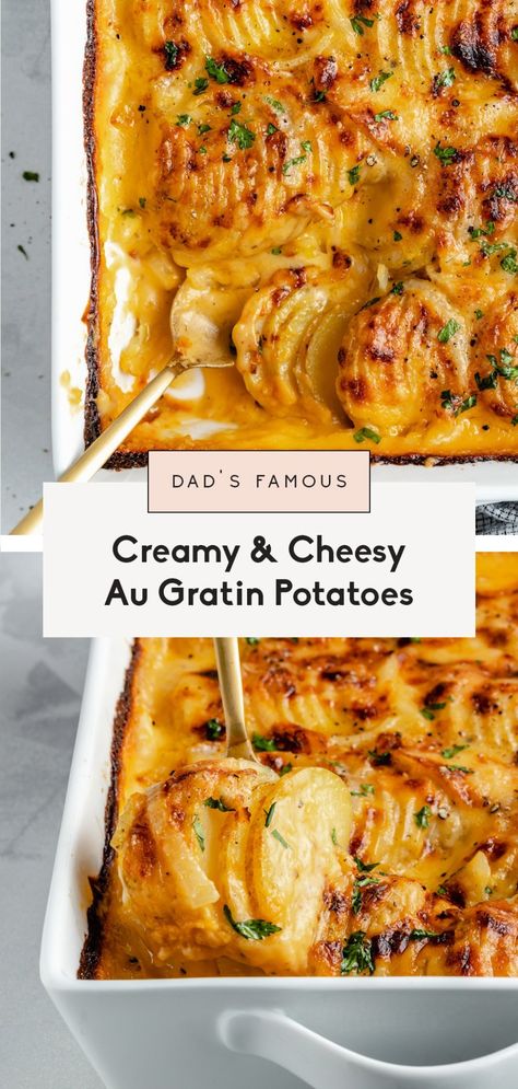 Cheesy, creamy au gratin potatoes made with three types of cheese for an incredible side dish everyone will love! My dad's famous au gratin potatoes recipe is easy to make and filled with cheesy goodness in every bite. Perfect for holidays or anytime you need a delicious, vegetarian side! #augratinpotatoes #cheese #potatoes #sidedish #thanksgiving #vegetarian Creamy Au Gratin Potatoes, Cheesy Au Gratin Potatoes, Au Gratin Potatoes Recipe, Gratin Potatoes Recipe, Thanksgiving Vegetarian, Au Gratin Potatoes, Au Gratin Potato Recipes, Gratin Potatoes, Au Gratin Recipes