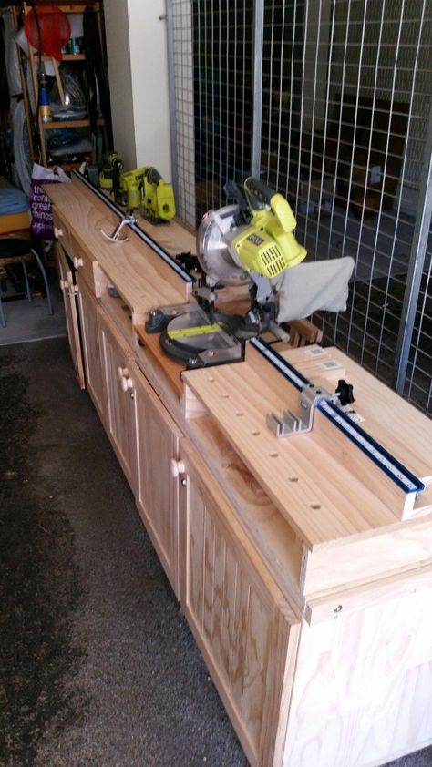 Workshop Cabinets, Mitre Saw Station, Basic Woodworking, Workbench Plans Diy, Woodworking Shop Plans, Woodworking Shop Layout, Woodworking Bench Plans, Woodworking Shop Projects, Diy Workbench