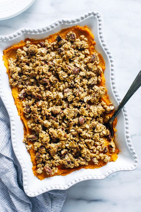 Butternut Squash and Sweet Potato Casserole with Pecan Crumble- butternut squash lightens up the traditional texture of sweet potato casserole and gets topped with delicious clusters of pecan crumble. Altogether it makes for one irresistible side item! (vegan and gluten-free) Candy Sweet Potatoes, Butternut Casserole, Butternut Squash And Sweet Potato, Plant Based Thanksgiving, Recipes Butternut Squash, Squash Butternut, Vegan Potatoes, Mashed Butternut Squash, Butternut Squash Casserole