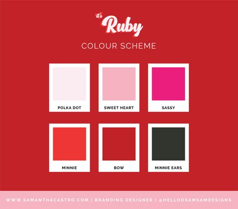 It's Ruby | Minnie Mouse inspired Colour Scheme |Helloo SamSam Designs. It’s Ruby is a conceptualize social media influencer. I wanted this brand identity to be super girly, retro, and playful. The colour scheme is inspired by Minnie Mouse! #funbranding #girlybranding #brandingagency #logodesignlove #colorpalette #color #colorscheme #colorinspiraiton #brandcolors Minnie Mouse Color Palette, Pink And Red Color Palette, Flat Color Palette, Logo Design Love, Juice Branding, Ruby Color, Mouse Color, Self Branding, Color Combinations For Clothes